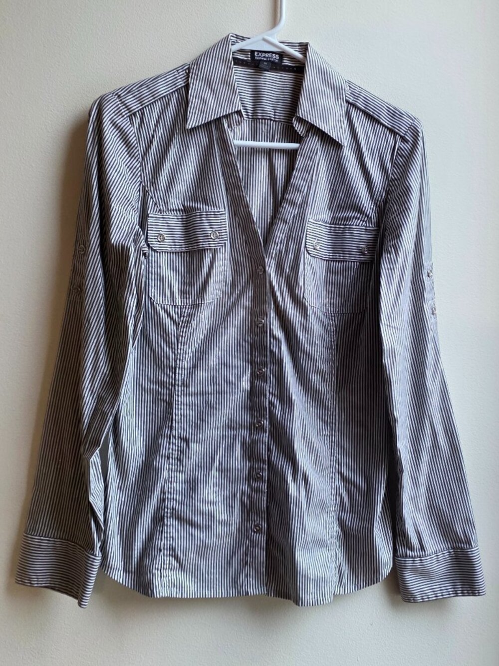 Express Gray/White Pinstriped Button Down Shirt Size Medium